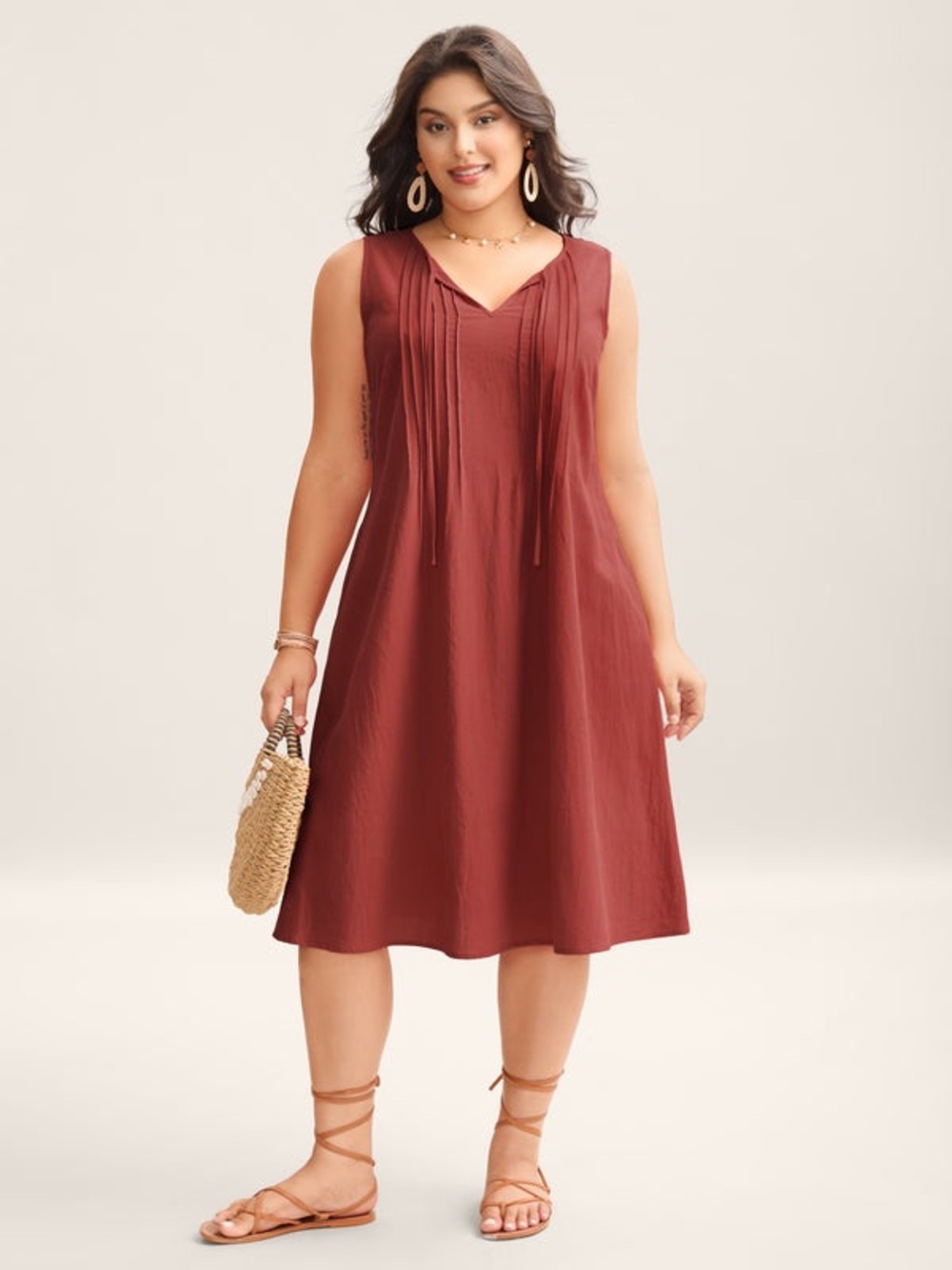 Bloomchic Women Cotton Toothpick Pleat Plain Midi Dress Cinnabar Maroon US14-16